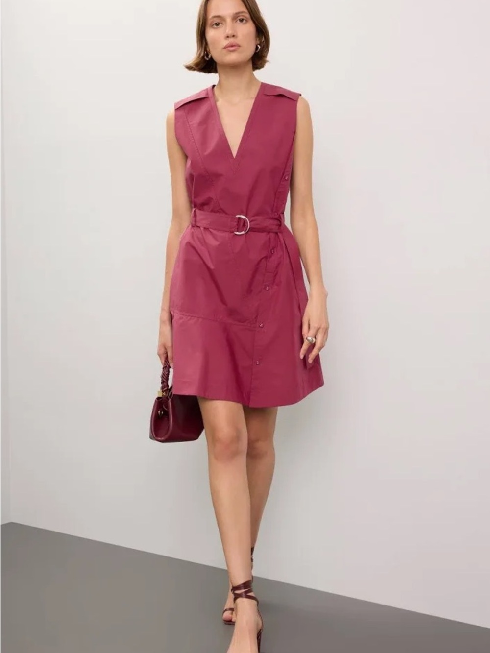 Phillip Lim Sleeveless V-Neck Belted Dress in Berry Pink